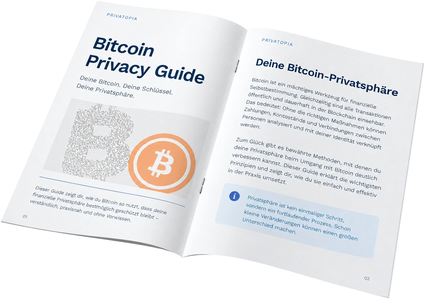 Dünnes, aufgeschlagenes Bitcoin-Privacy-Magazin mit gehefteten Seiten