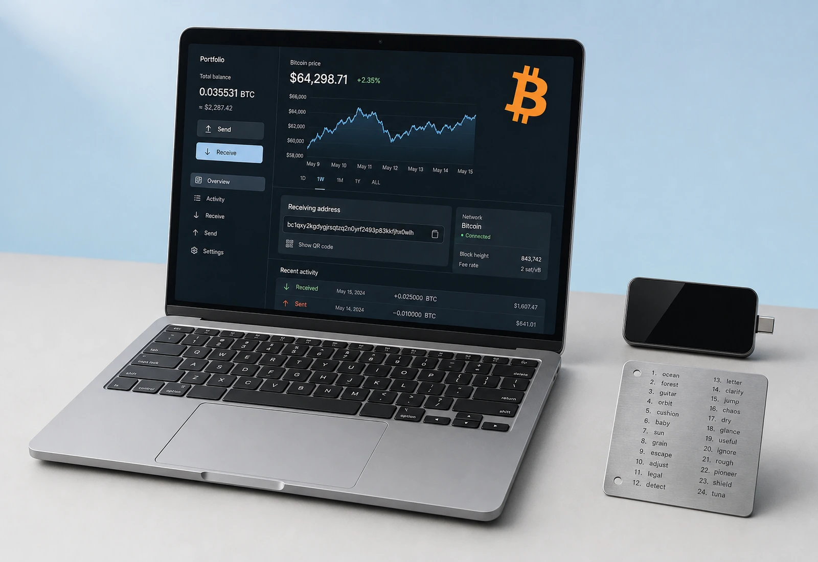 Hardware-Wallet, Stahl-Backup und Seed-Wörter